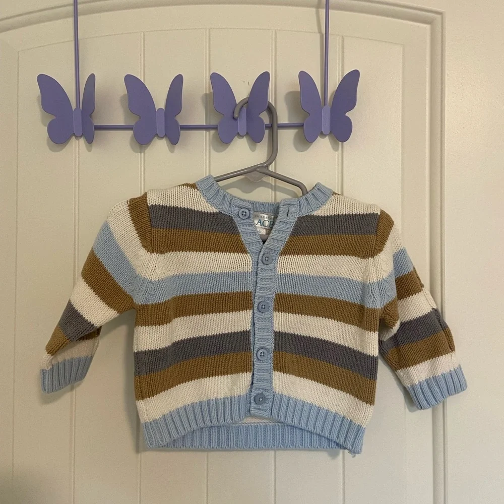 EUC | Children’s Place baby boy’s blue tan striped button sweater 6-9 months‎